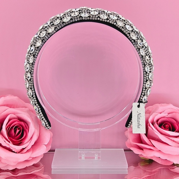 Natasha Couture Headband Black Silver Velvet Fancy Crystal Embellished Holiday - Picture 1 of 6